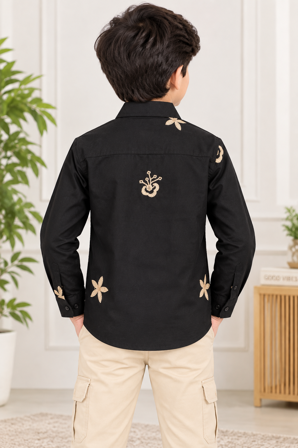 Boys Black Beige Embroidered Full Sleeve Shirt