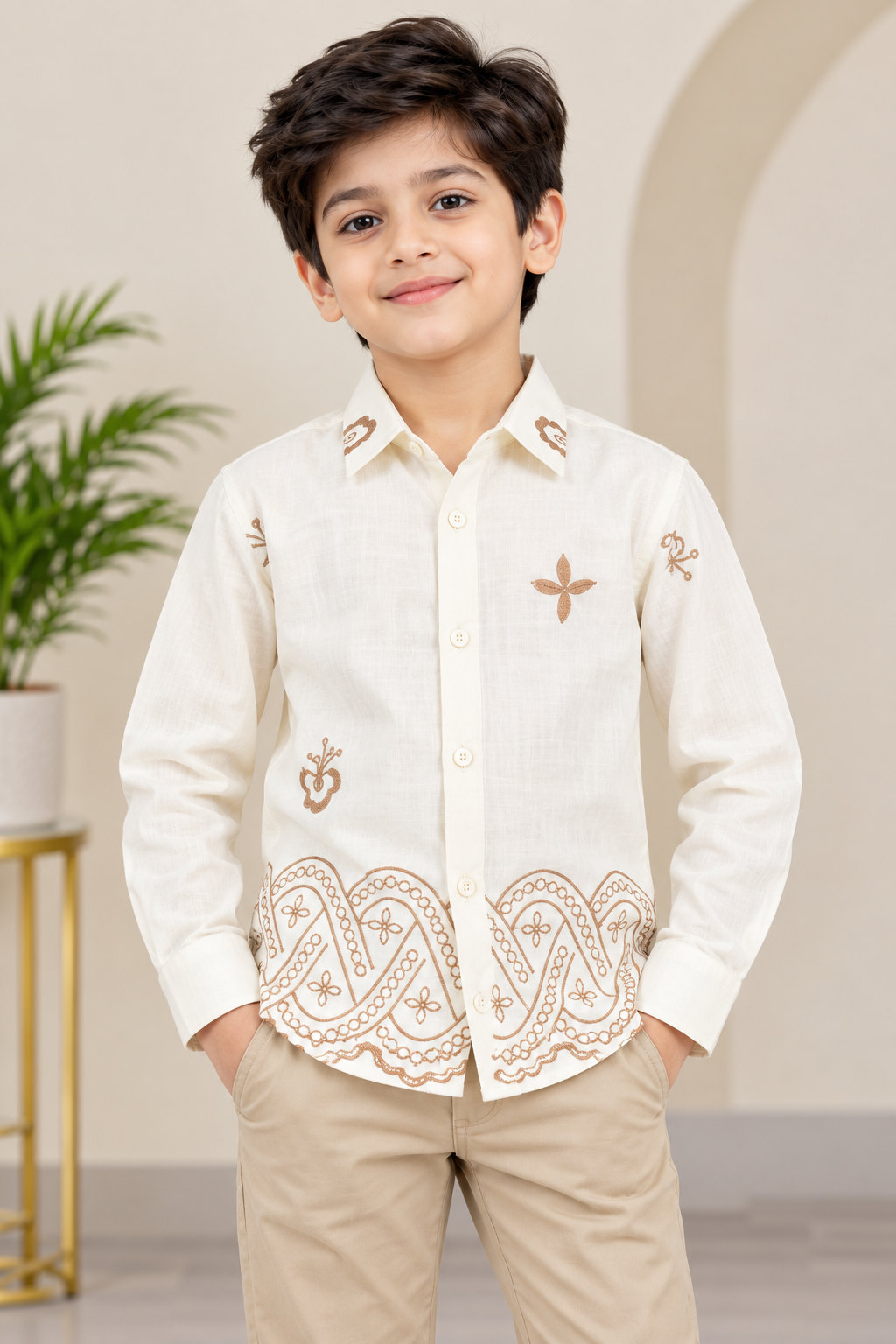 Boys Cream Embroidered Full Sleeve Shirt