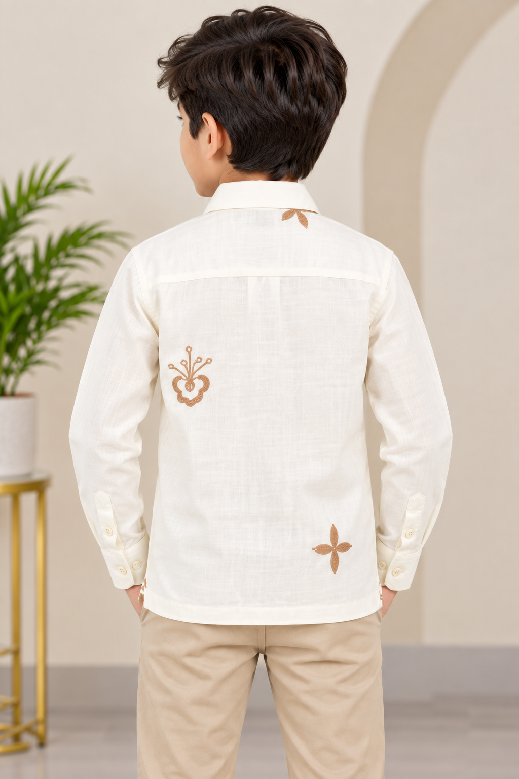 Boys Cream Embroidered Full Sleeve Shirt