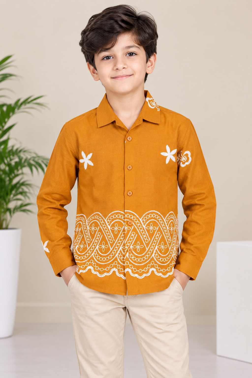 Boys Mustard Embroidered Full Sleeve Shirt