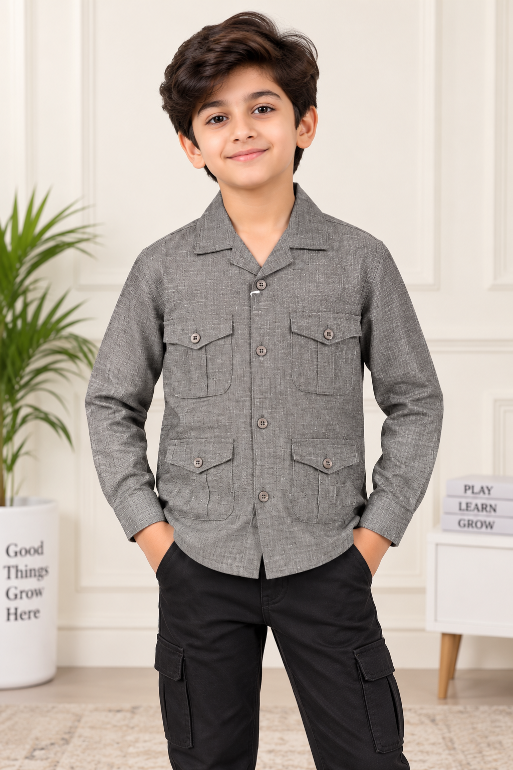 Boys Grey Multi-Pocket Full Sleeve Shirt