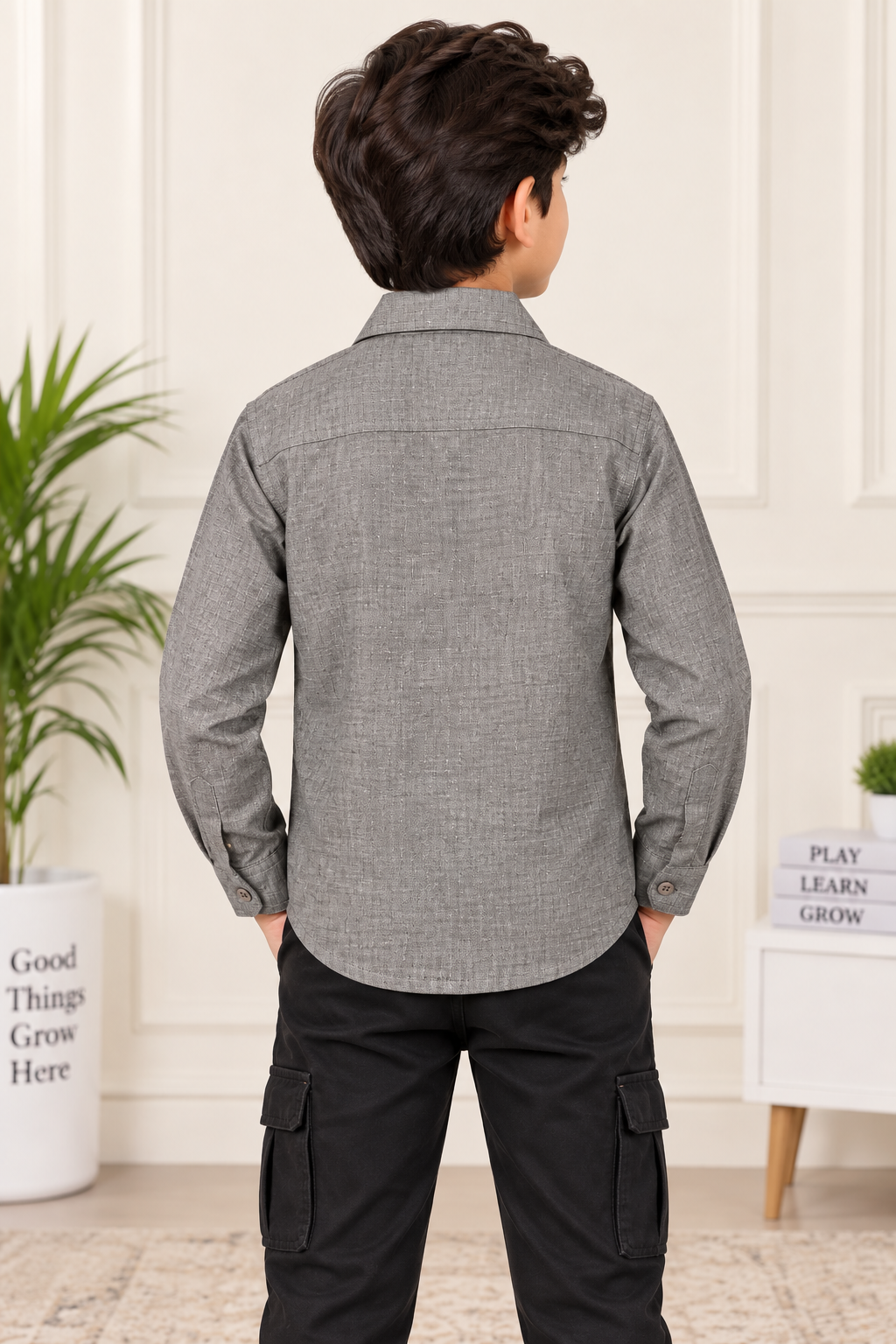 Boys Grey Multi-Pocket Full Sleeve Shirt