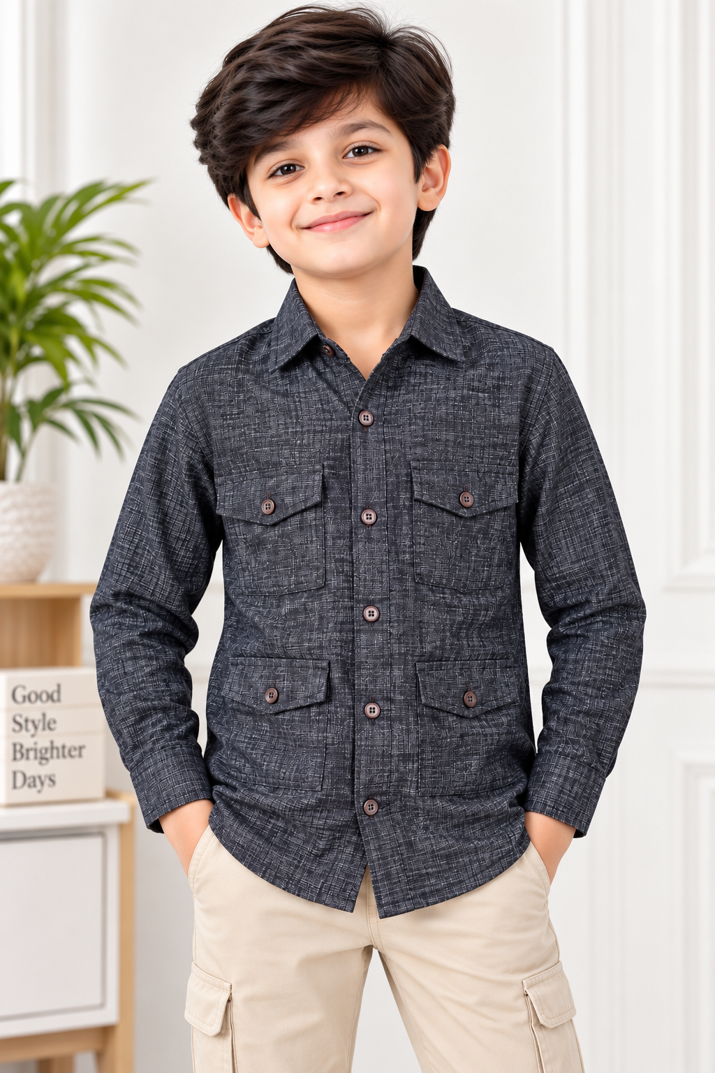 Boys Charcoal Grey Multi-Pocket Full Sleeve Shirt