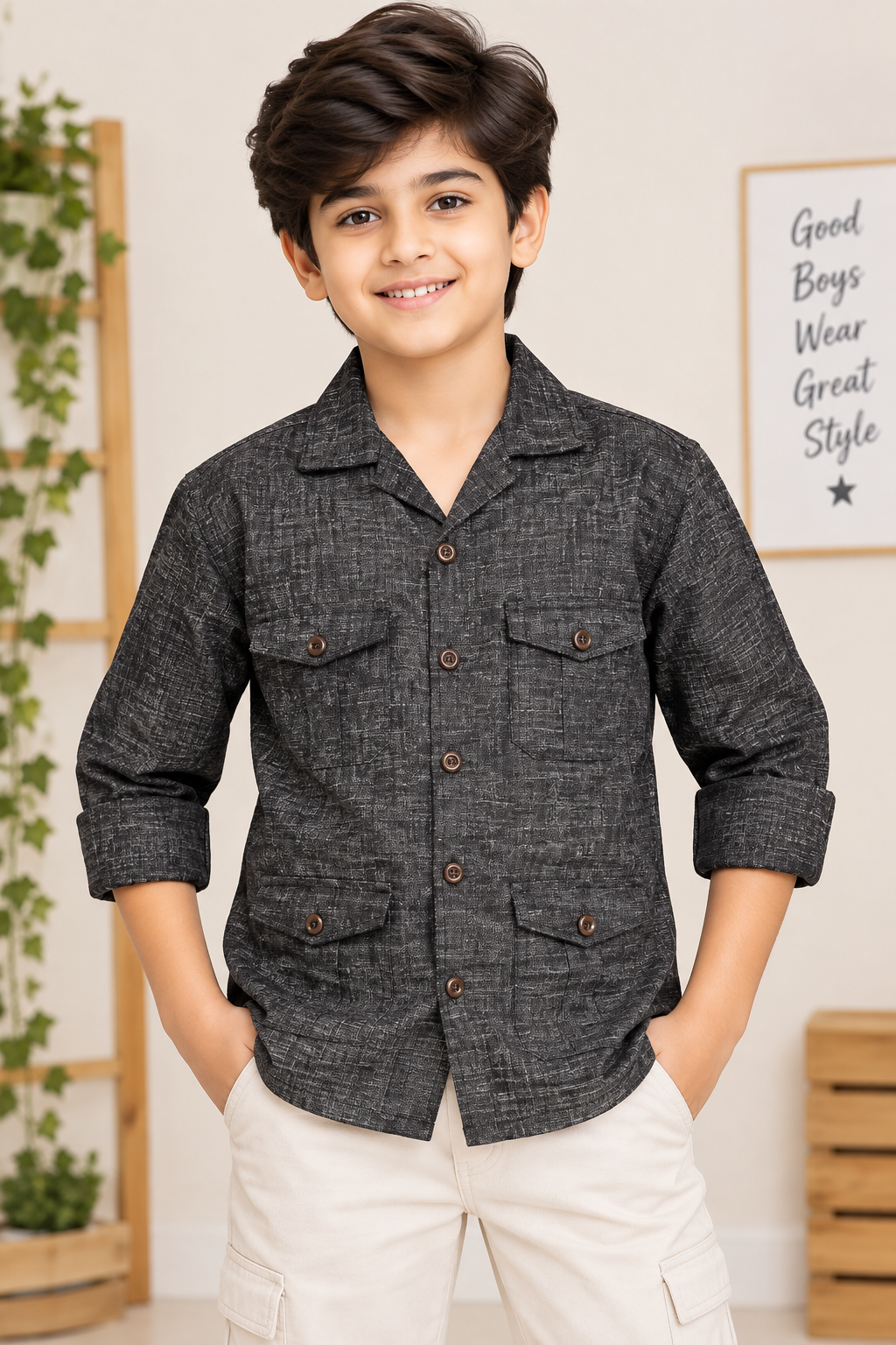 Boys Charcoal Black Multi-Pocket Full Sleeve Shirt