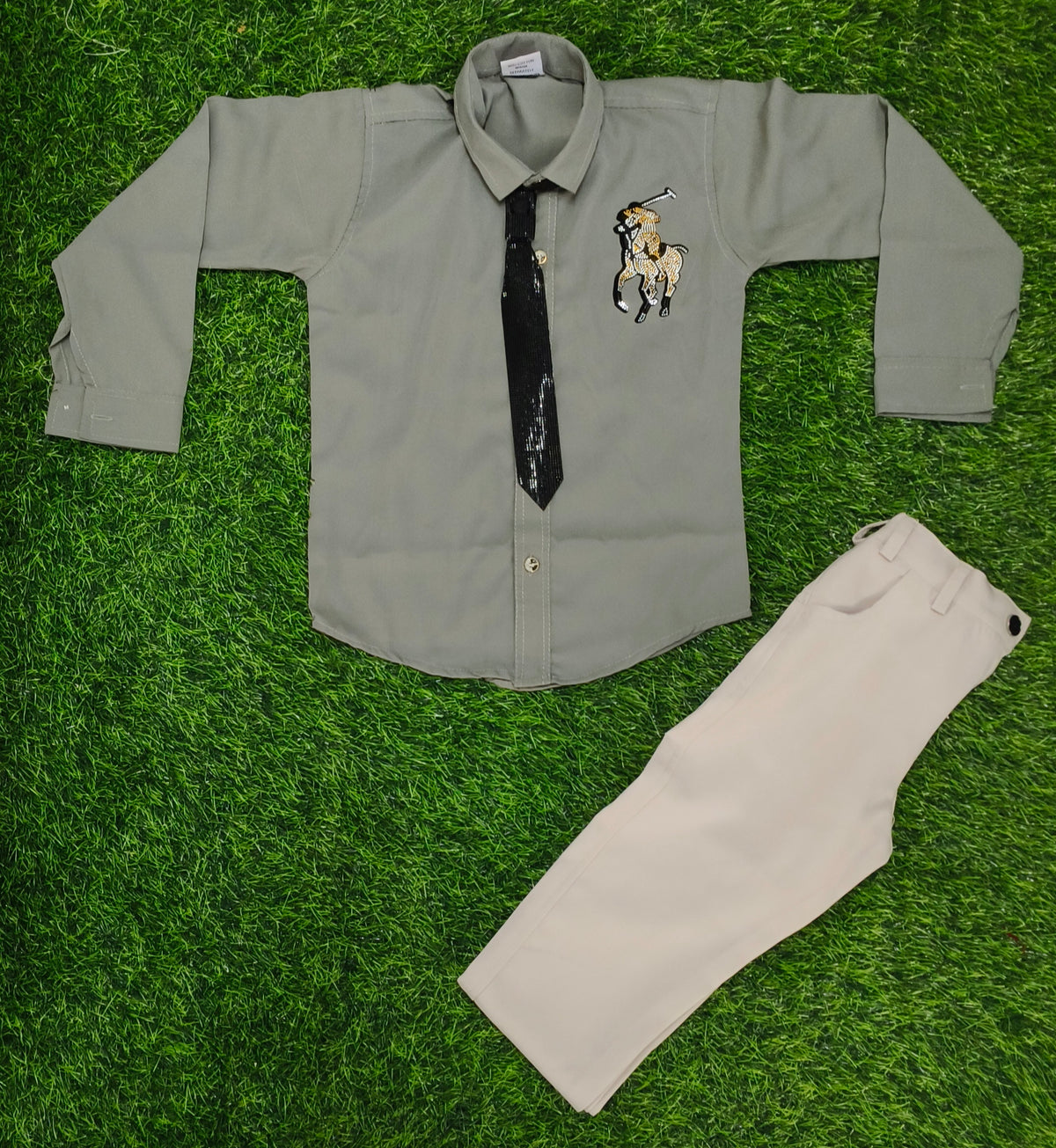 Boys Green Shirt & Cream Pant Party Wear Set