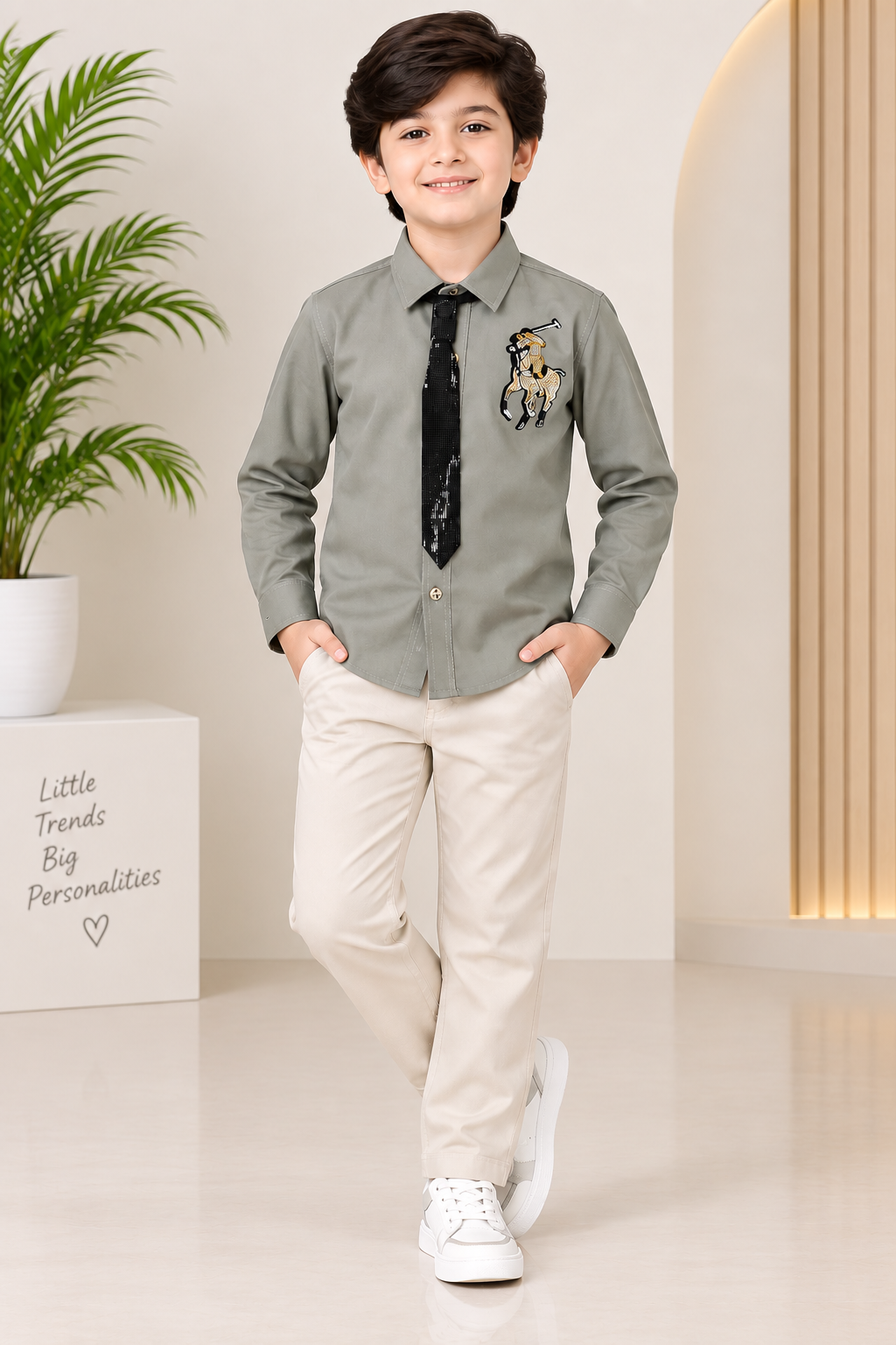 Boys Green Shirt & Cream Pant Party Wear Set