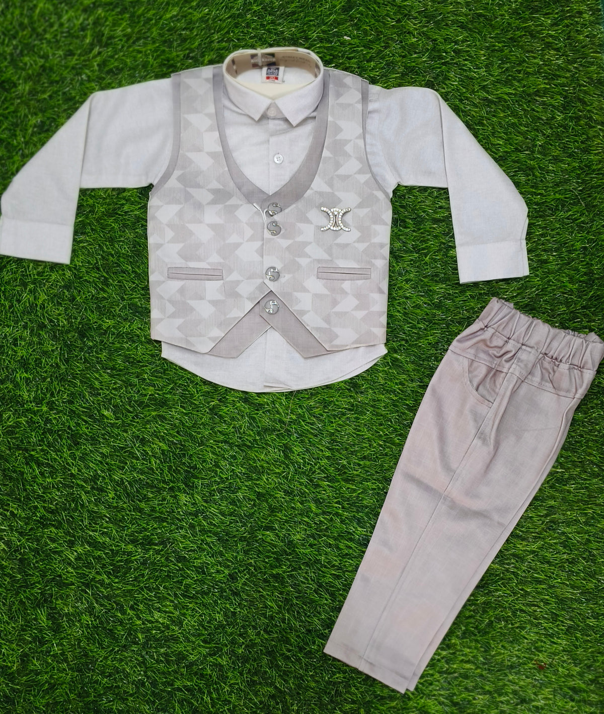 Boys Light Grey Printed Blazer Party Wear Set