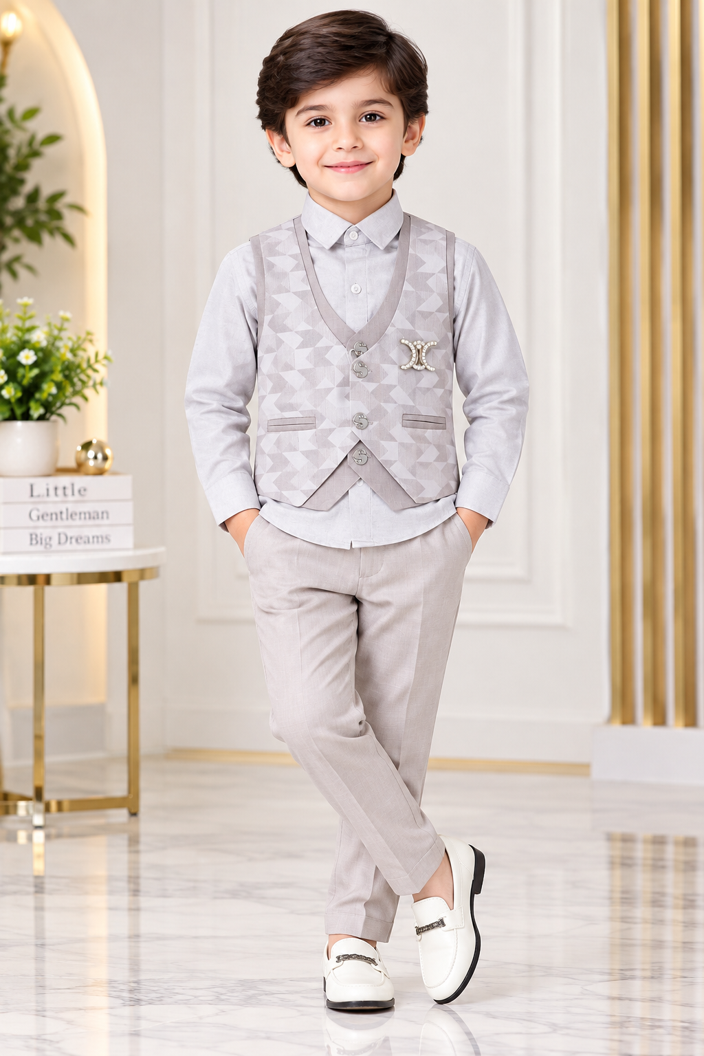 Boys Light Grey Printed Blazer Party Wear Set