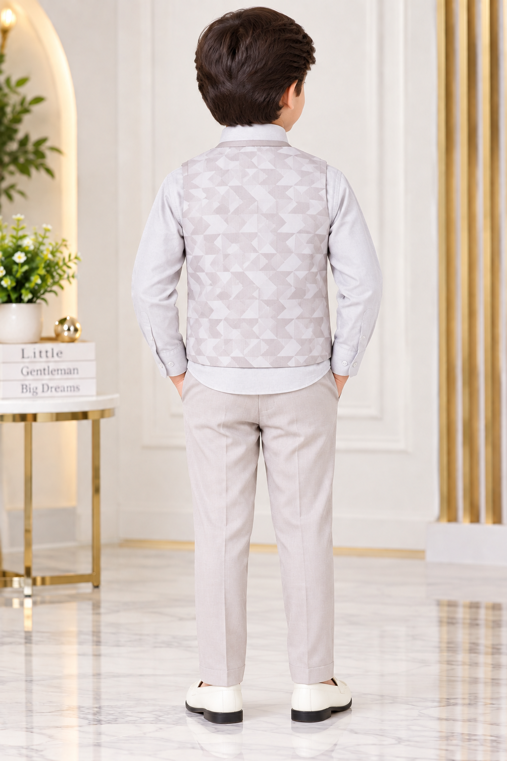 Boys Light Grey Printed Blazer Party Wear Set
