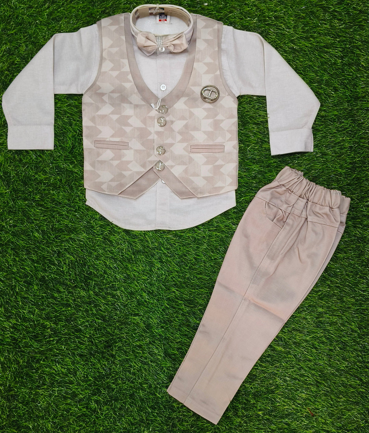 Boys Beige Printed Blazer Bow Tie Party Wear Set