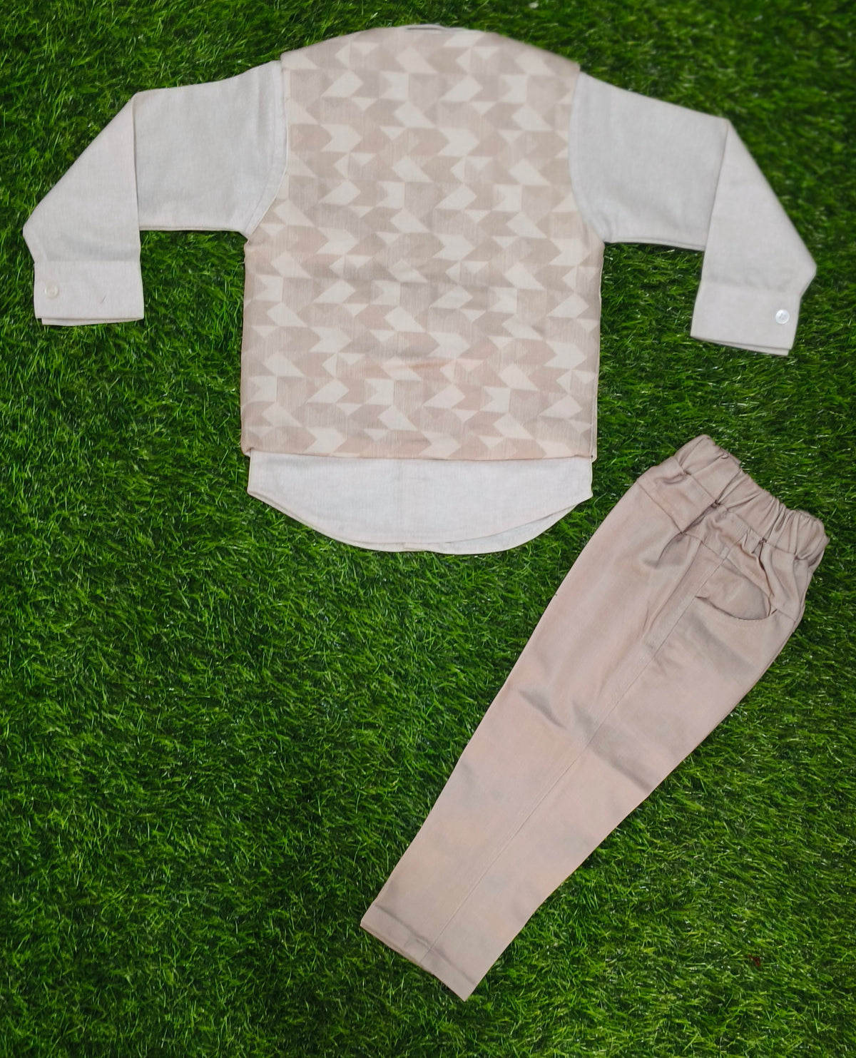 Boys Beige Printed Blazer Bow Tie Party Wear Set