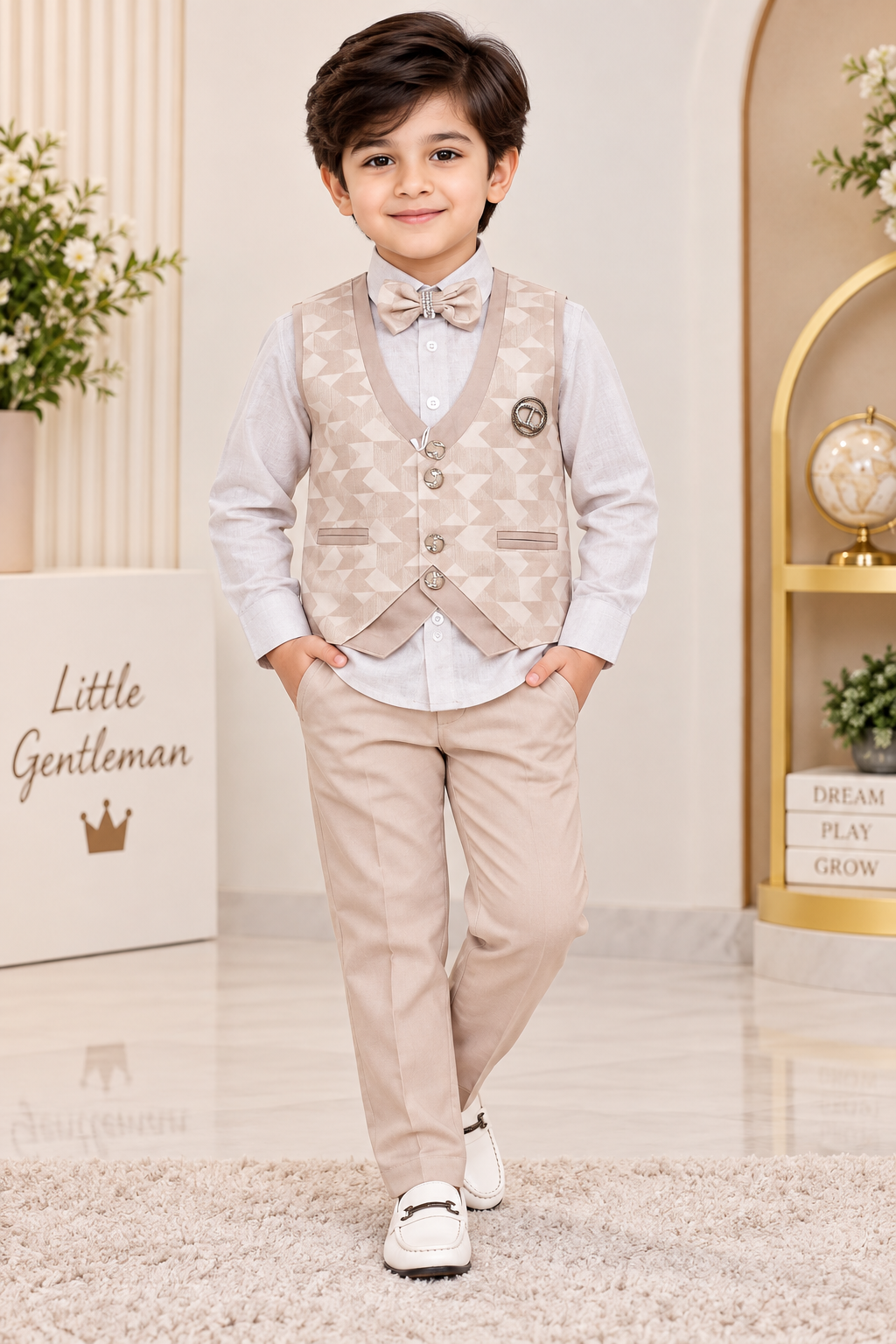 Boys Beige Printed Blazer Bow Tie Party Wear Set