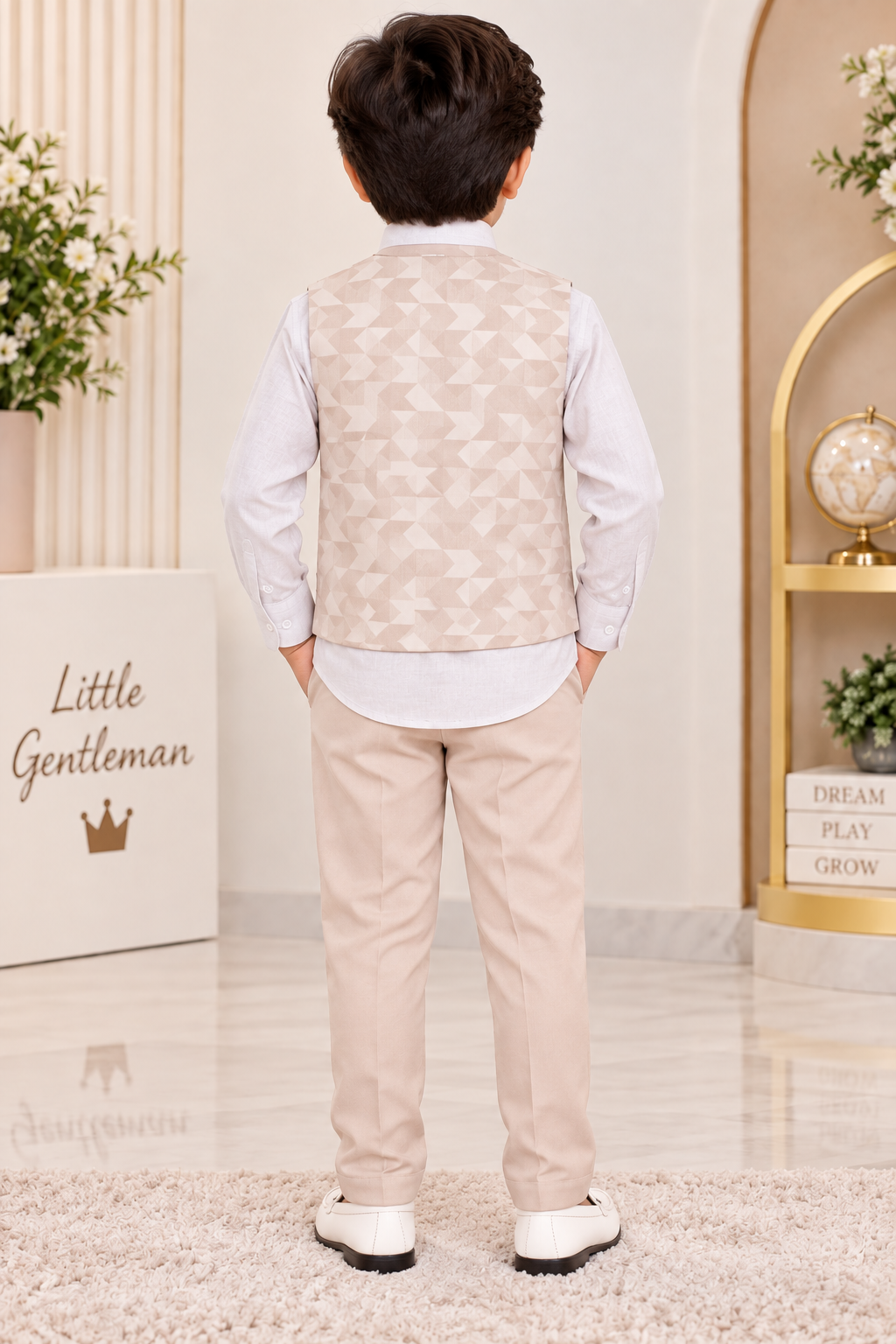 Boys Beige Printed Blazer Bow Tie Party Wear Set