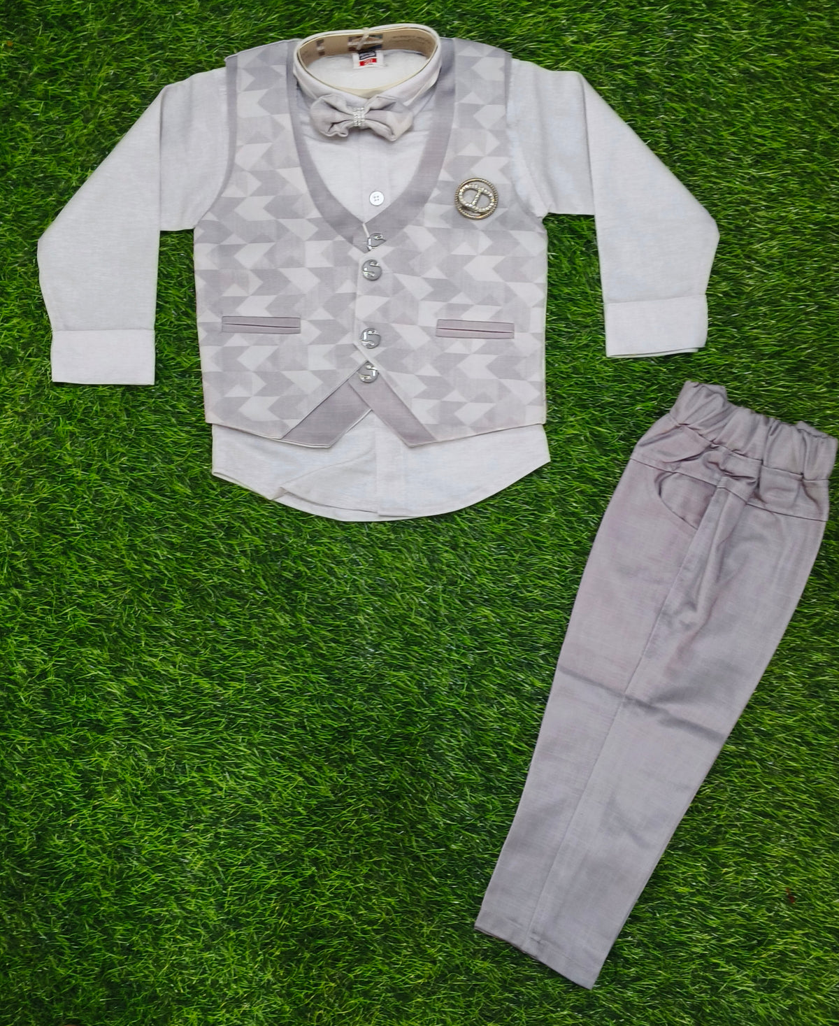 Boys Light Grey Printed Blazer Bow Tie Party Wear Set