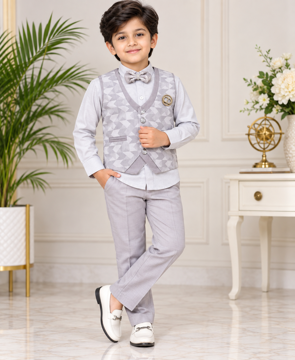 Boys Light Grey Printed Blazer Bow Tie Party Wear Set