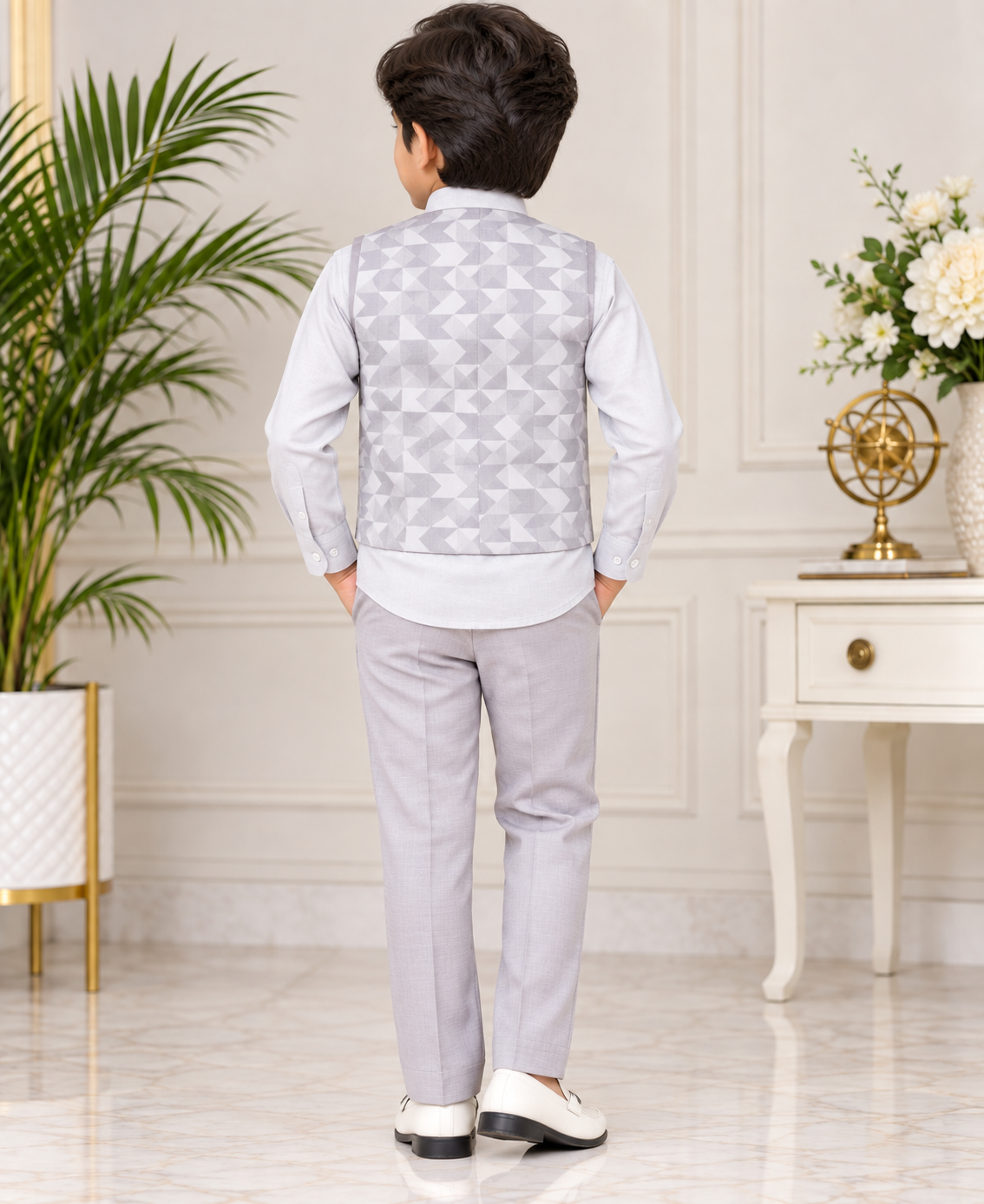 Boys Light Grey Printed Blazer Bow Tie Party Wear Set