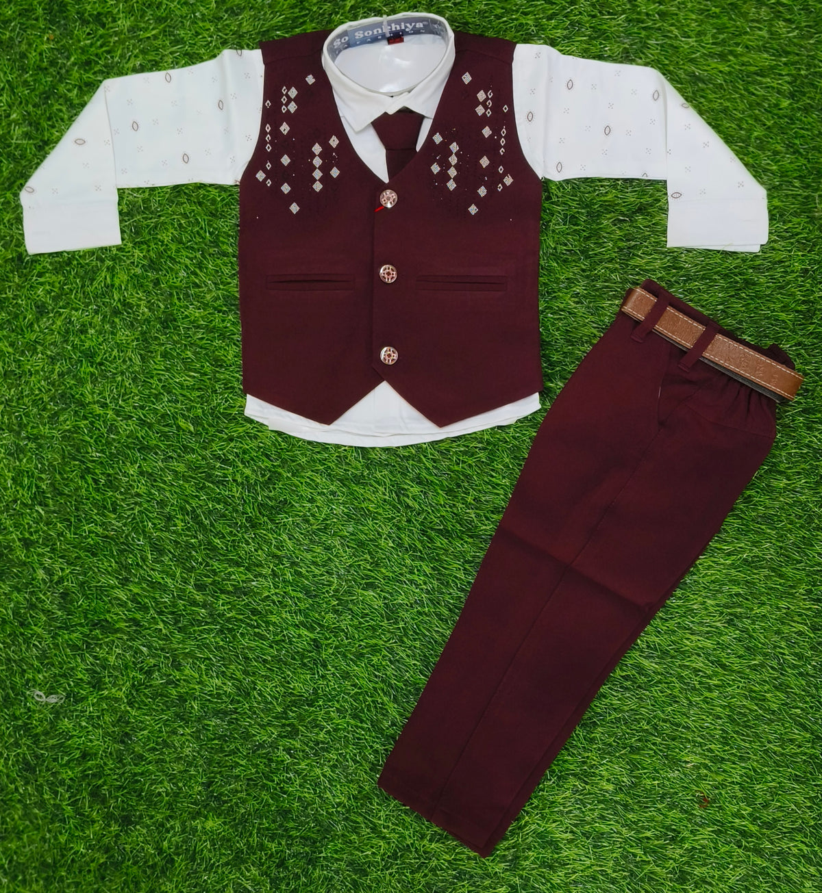 Boys Maroon Blazer Tie Party Wear Set