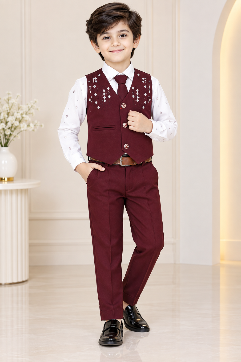 Boys Maroon Blazer Tie Party Wear Set