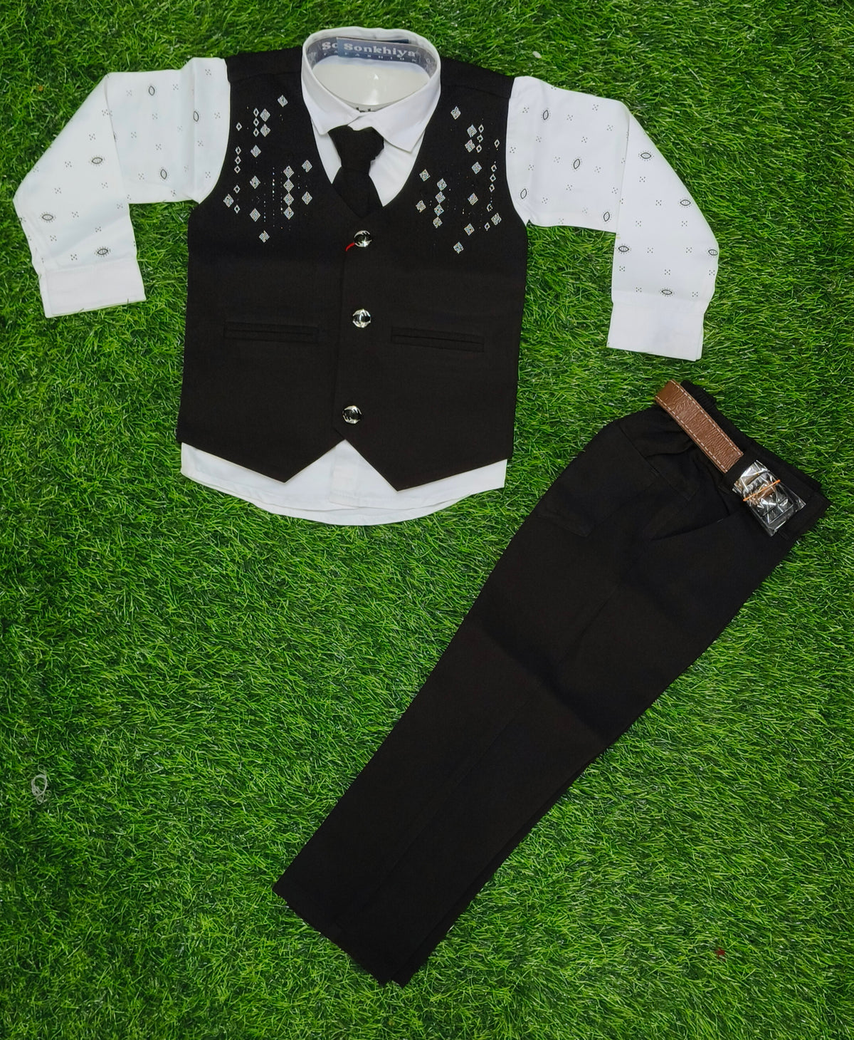 Boys Black Blazer Tie Party Wear Set