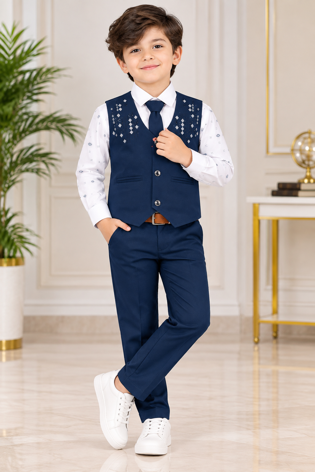 Boys Dark Navy Blue Blazer Tie Party Wear Set