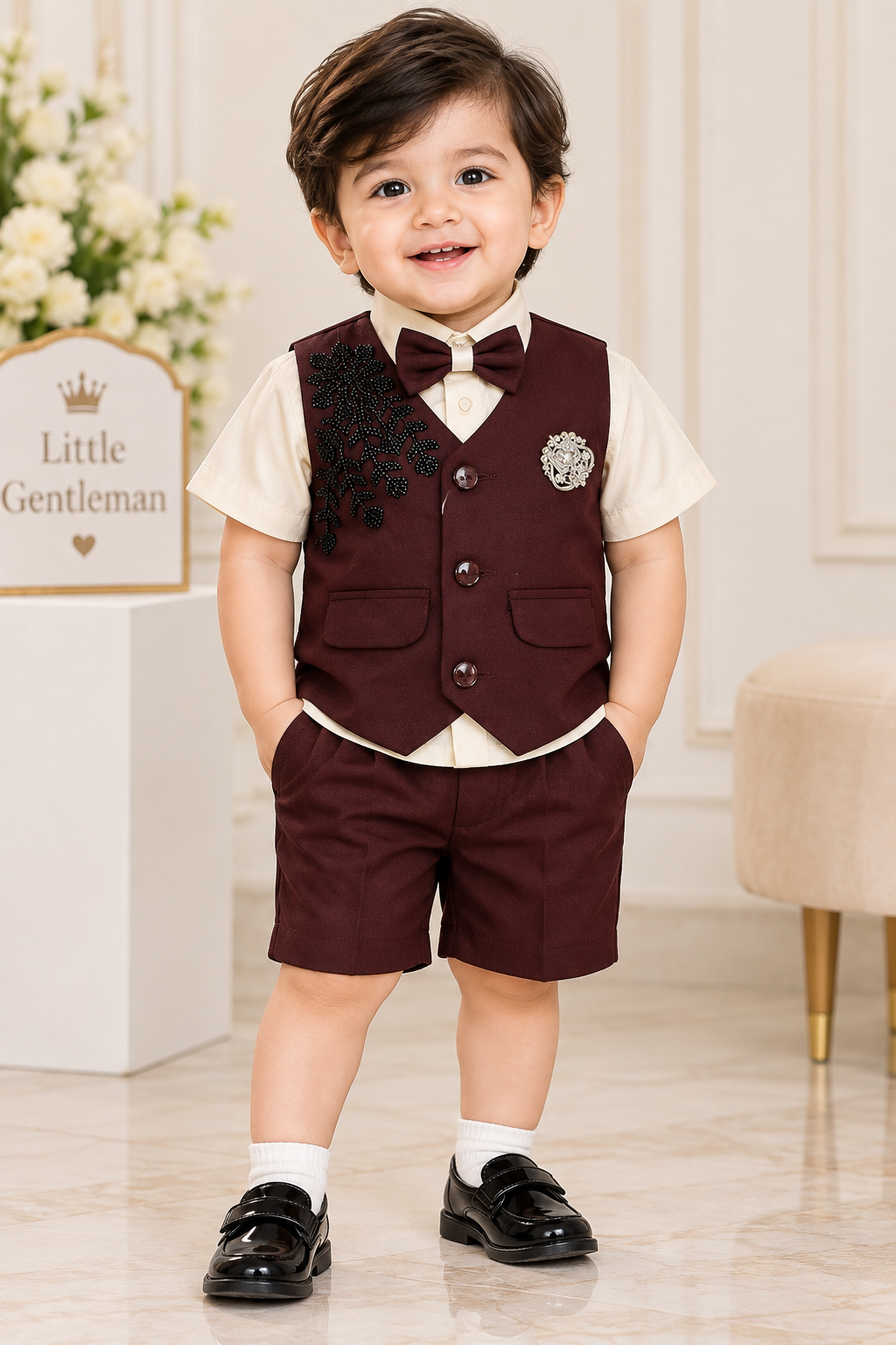 Boys Maroon Blazer Bow Tie Party Wear Shorts Set