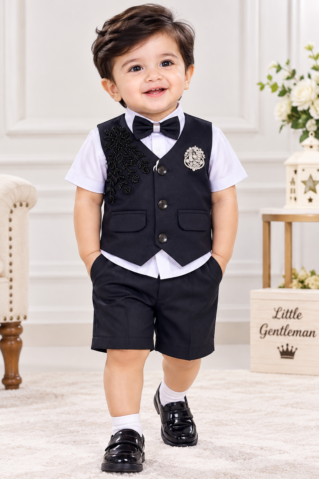Boys Navy Blue Blazer Bow Tie Party Wear Shorts Set