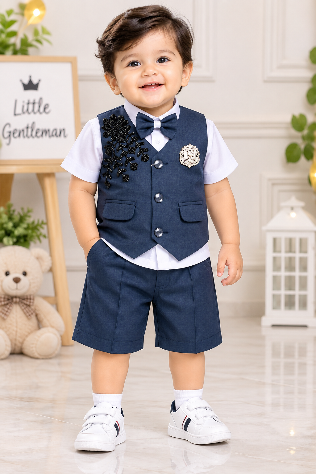 Boys Dark Navy Blue Blazer Bow Tie Party Wear Shorts Set