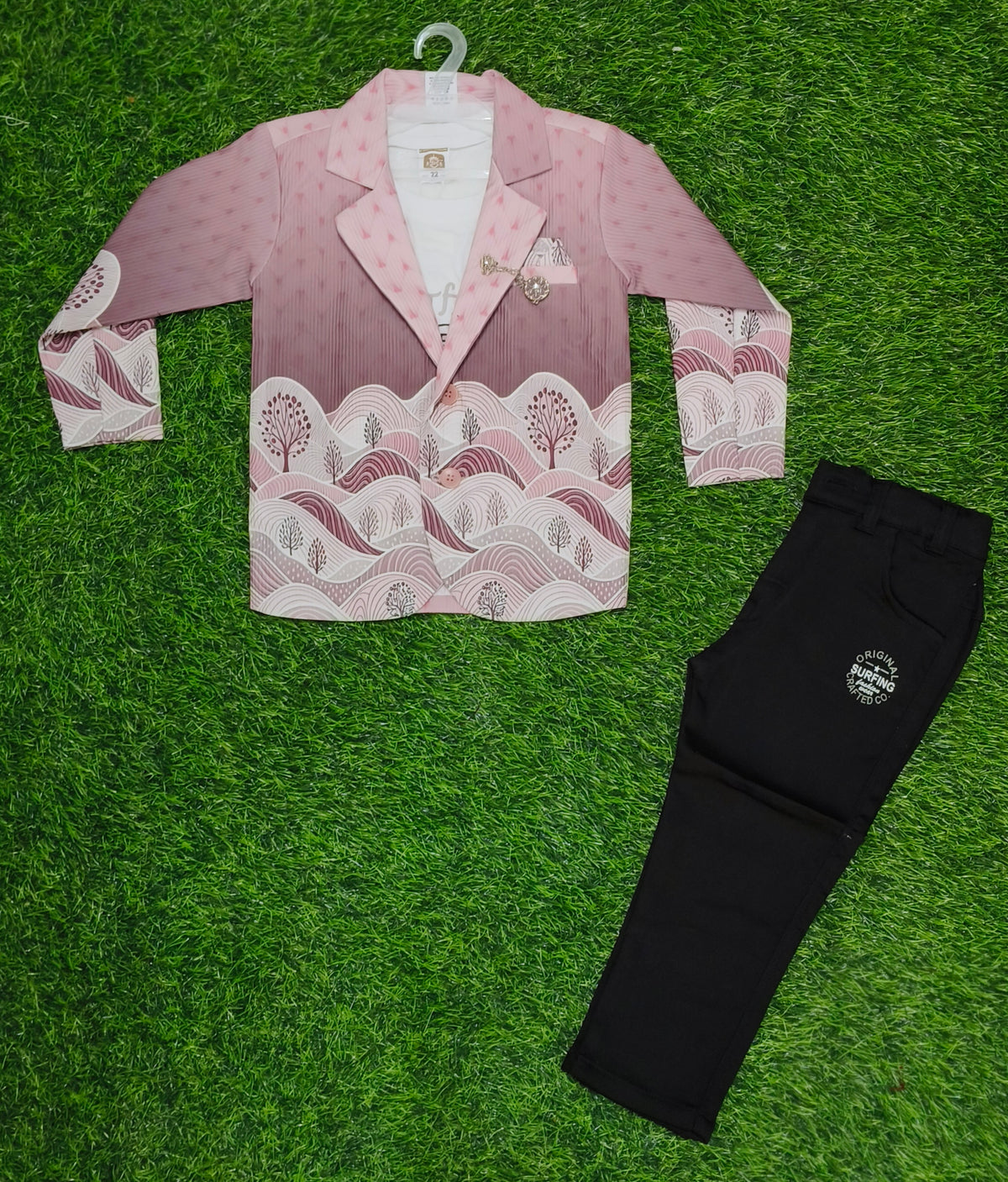 Boys Pink Printed Blazer, White T-Shirt & Black Pant Party Wear Set
