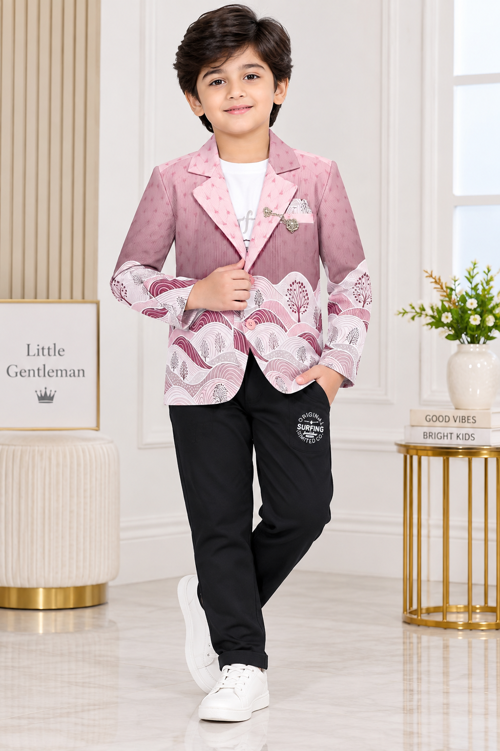 Boys Pink Printed Blazer, White T-Shirt & Black Pant Party Wear Set