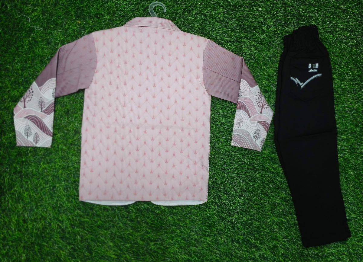 Boys Pink Printed Blazer, White T-Shirt & Black Pant Party Wear Set