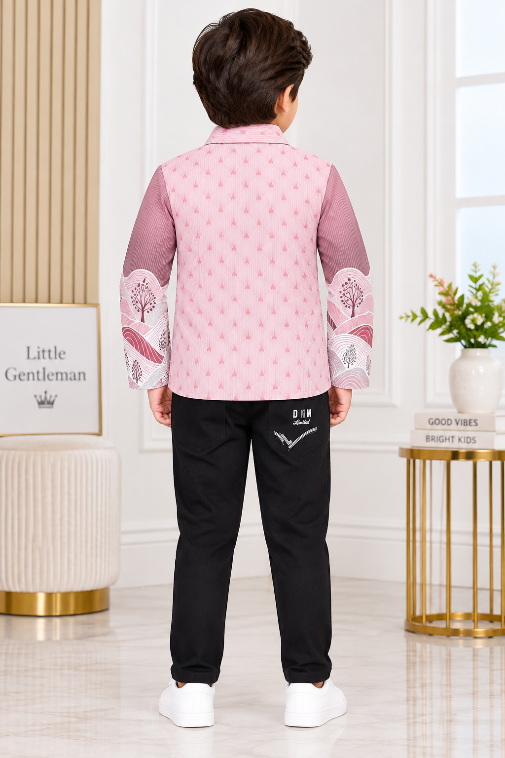 Boys Pink Printed Blazer, White T-Shirt & Black Pant Party Wear Set