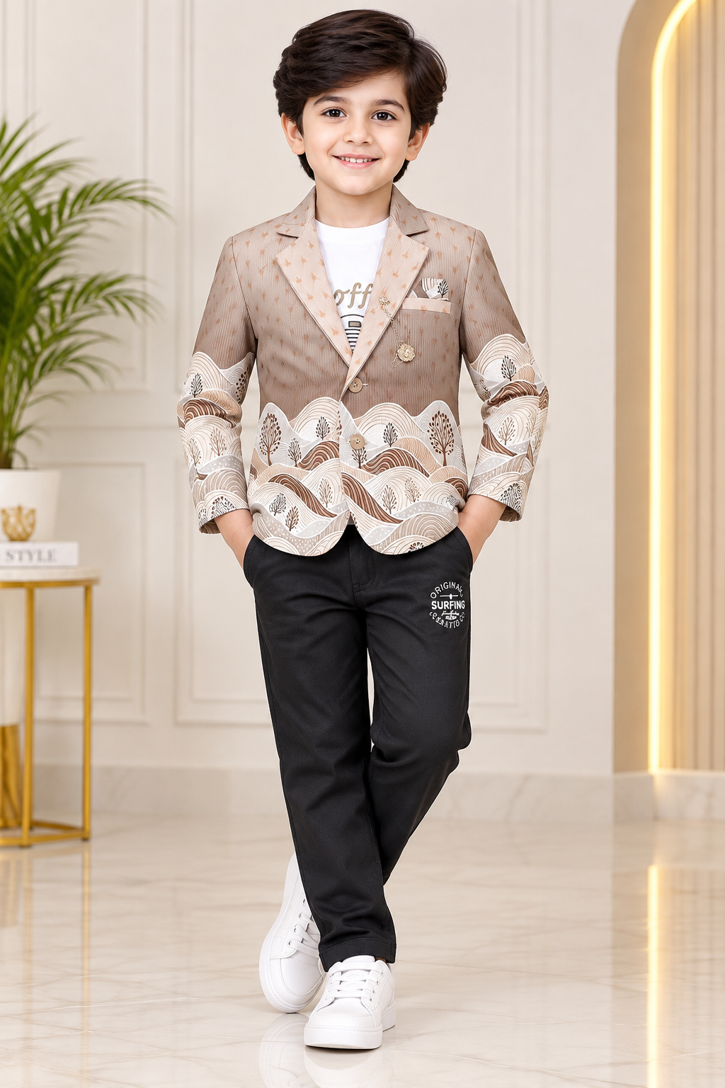 Boys Beige & Brown Printed Blazer, White T-Shirt & Dark Brown Pant Party Wear Set
