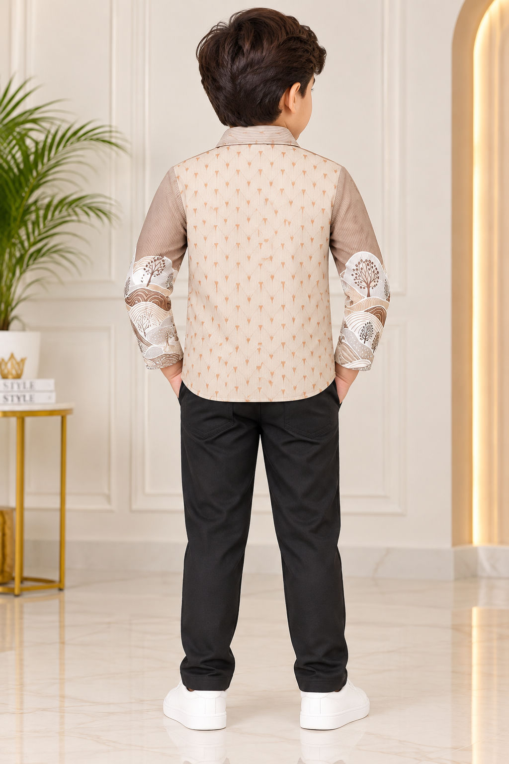 Boys Beige & Brown Printed Blazer, White T-Shirt & Dark Brown Pant Party Wear Set