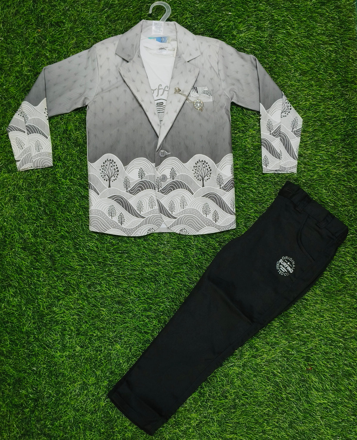 Boys Grey Printed Blazer, White T-Shirt & Dark Green Pant Party Wear Set