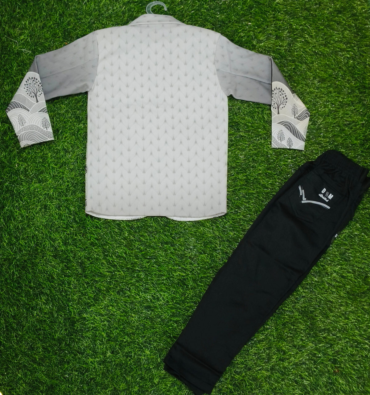 Boys Grey Printed Blazer, White T-Shirt & Dark Green Pant Party Wear Set
