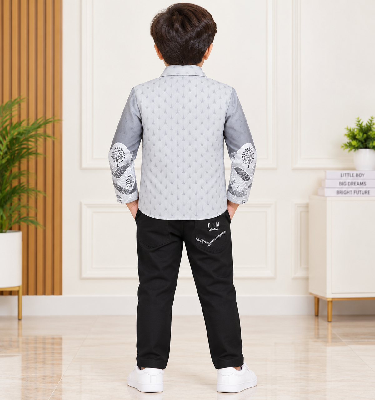 Boys Grey Printed Blazer, White T-Shirt & Dark Green Pant Party Wear Set