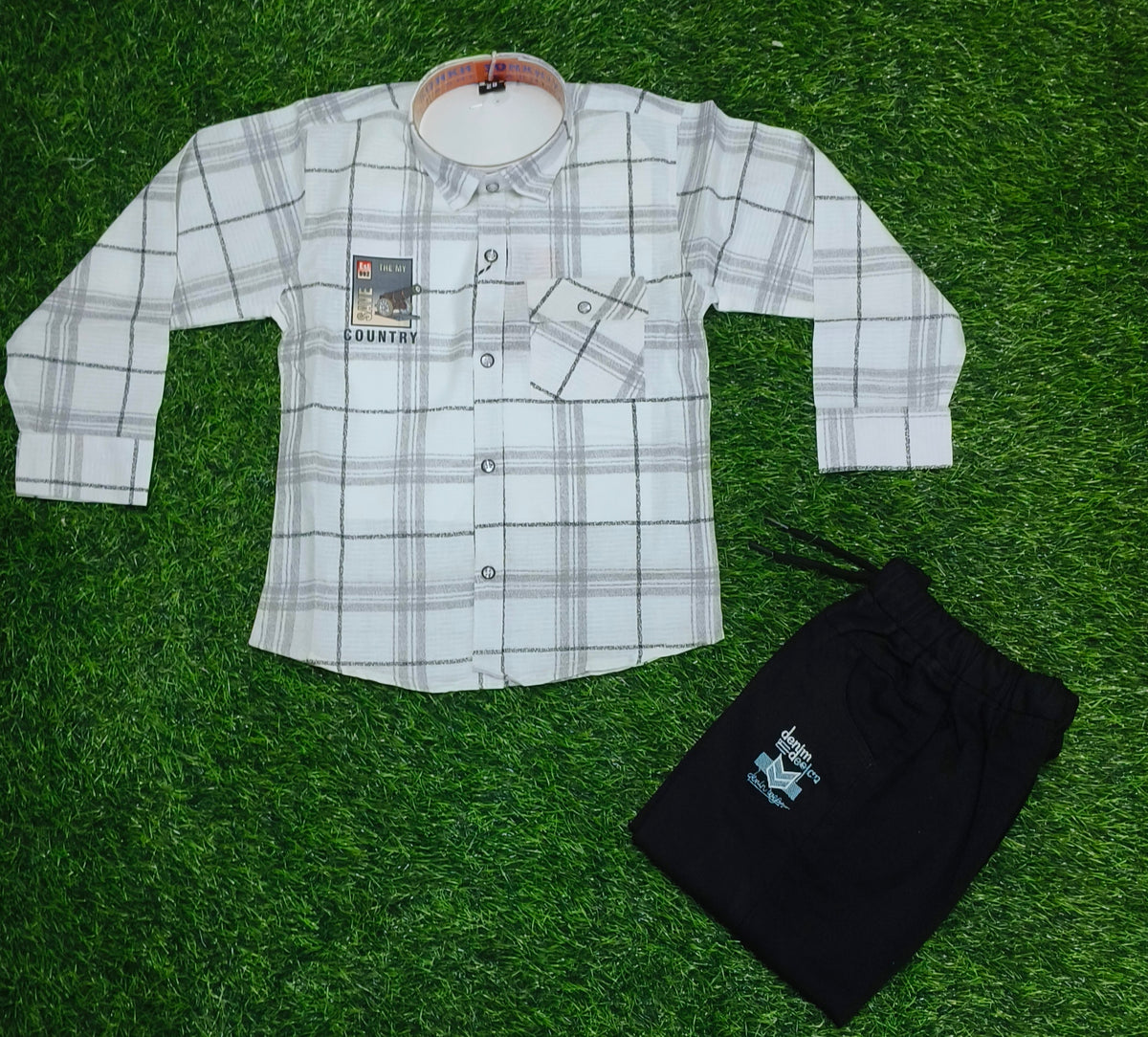 Boys White & Grey Color Checked Full Sleeve Shirt with Black Cargo Pant Set
