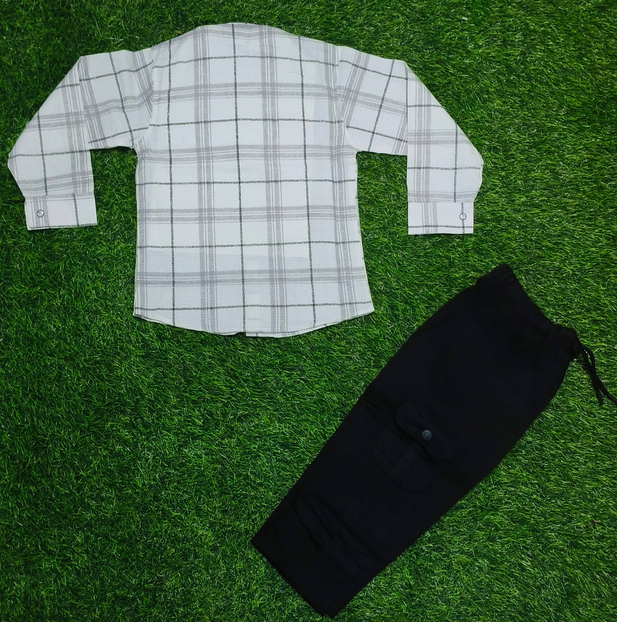Boys White & Grey Color Checked Full Sleeve Shirt with Black Cargo Pant Set