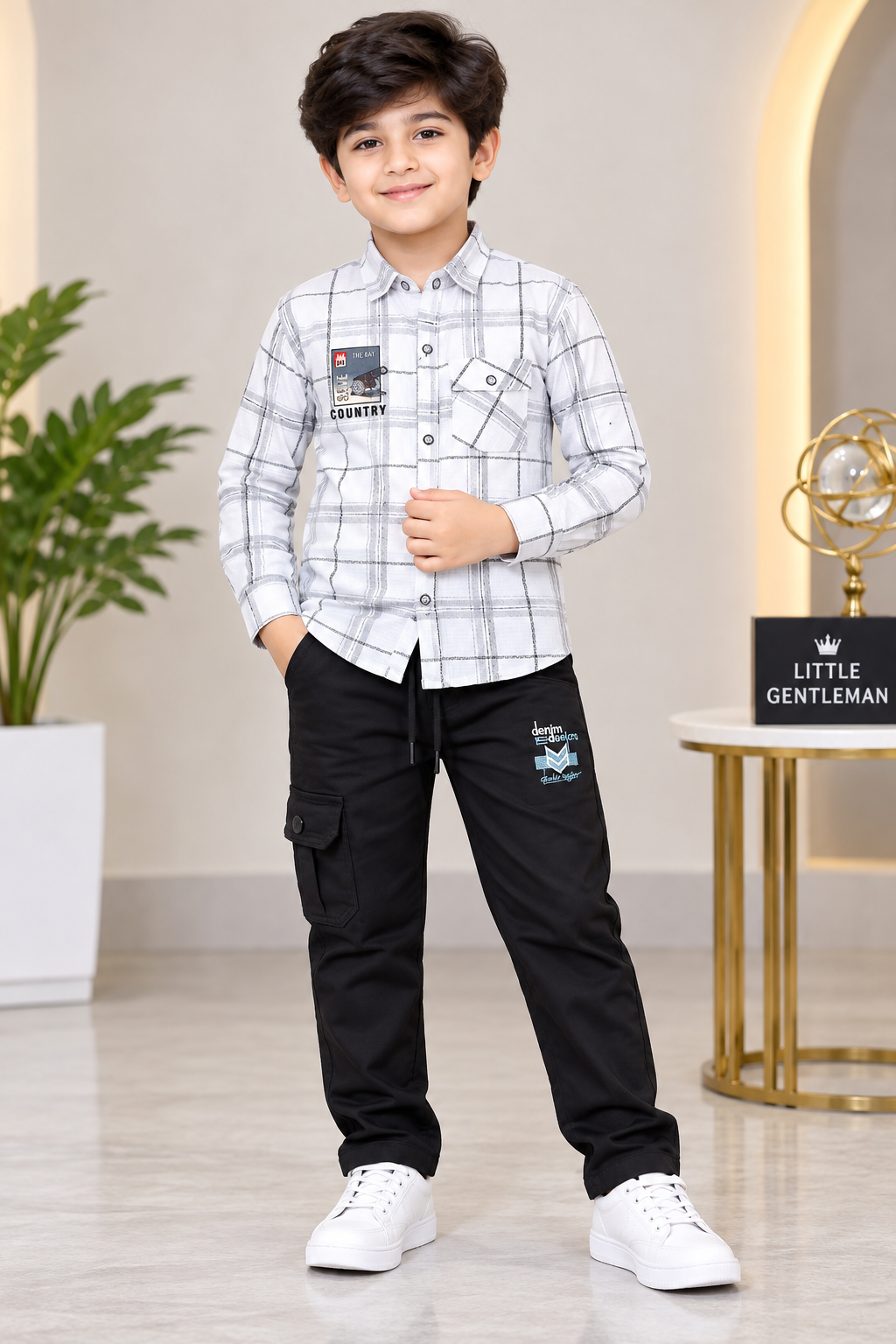 Boys White & Grey Color Checked Full Sleeve Shirt with Black Cargo Pant Set