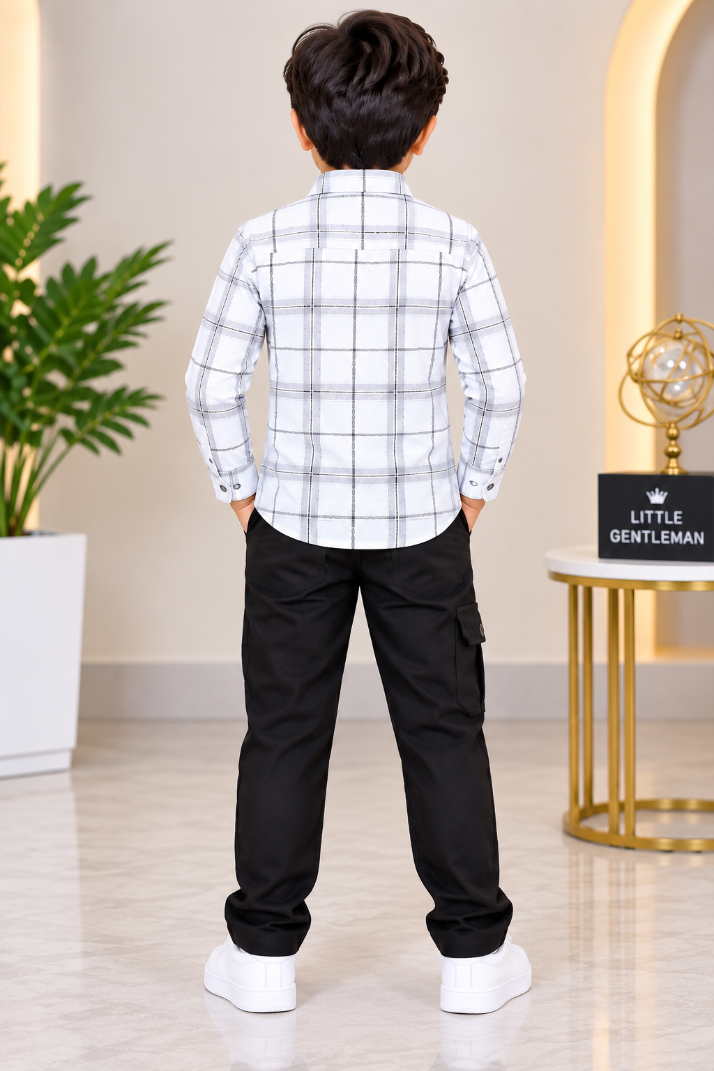 Boys White & Grey Color Checked Full Sleeve Shirt with Black Cargo Pant Set