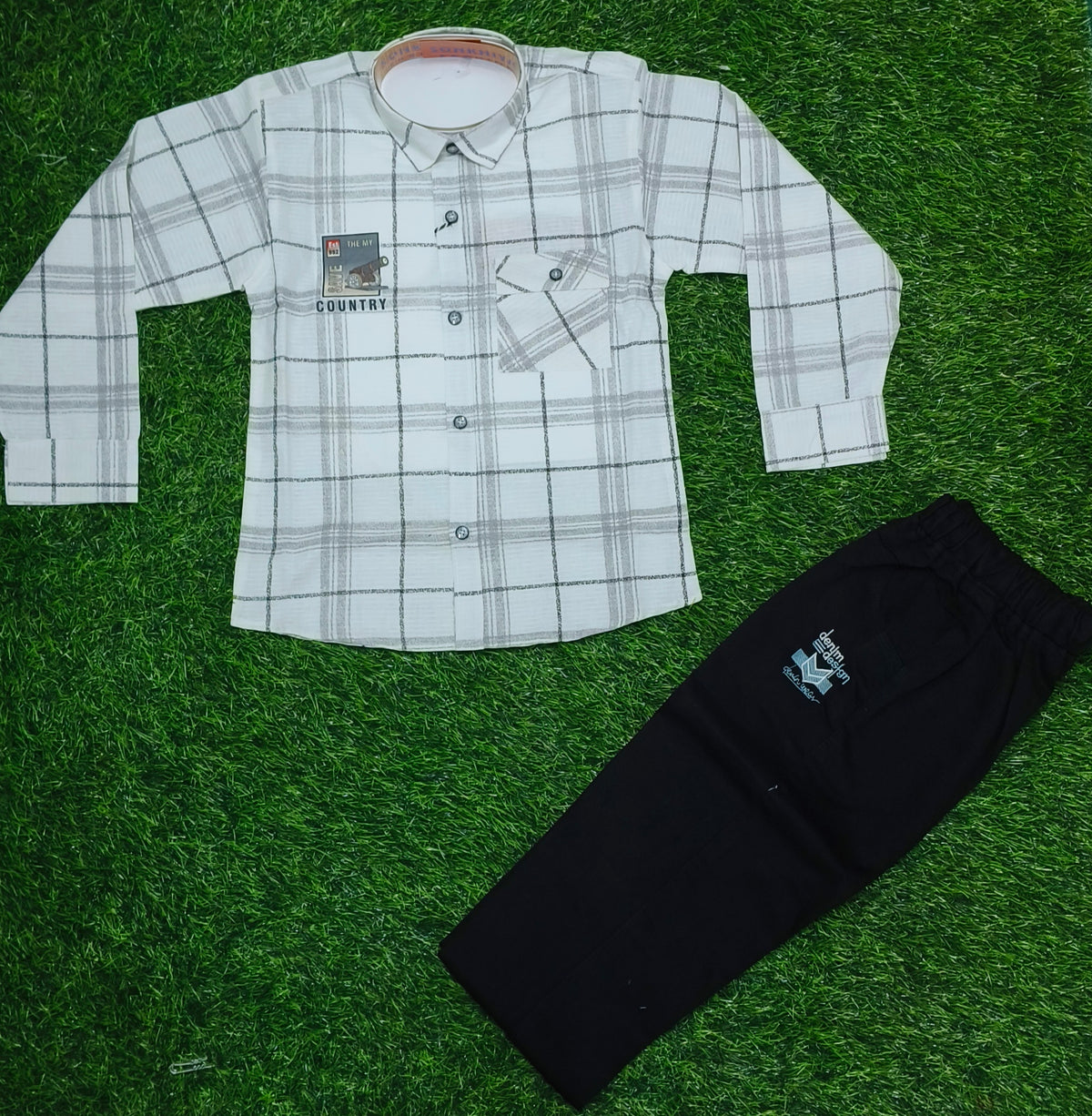 Boys White & Grey Checked Full Sleeve Shirt with Black Cargo Pant Set