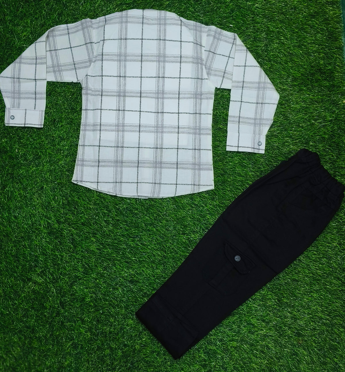 Boys White & Grey Checked Full Sleeve Shirt with Black Cargo Pant Set