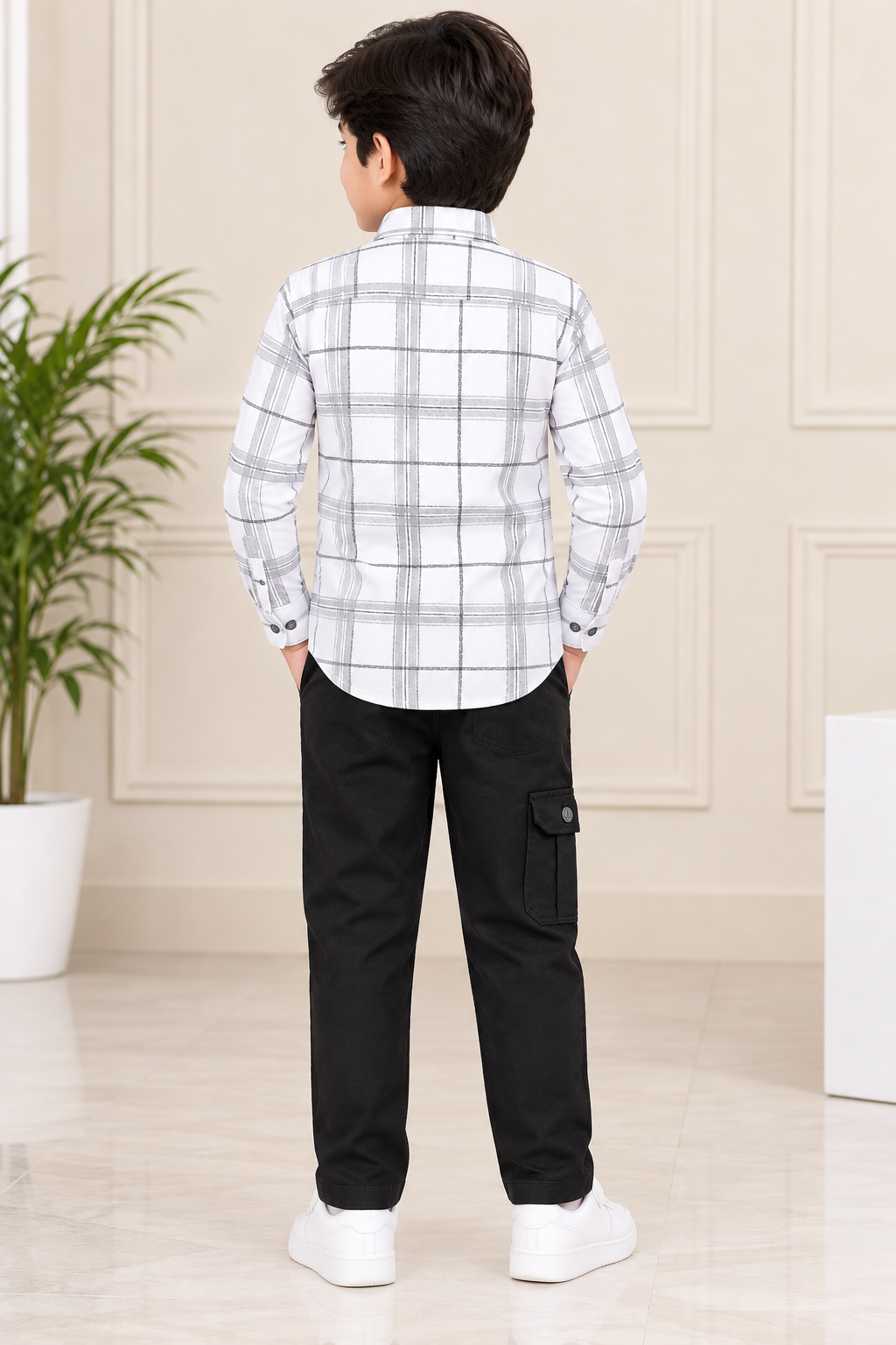 Boys White & Grey Checked Full Sleeve Shirt with Black Cargo Pant Set