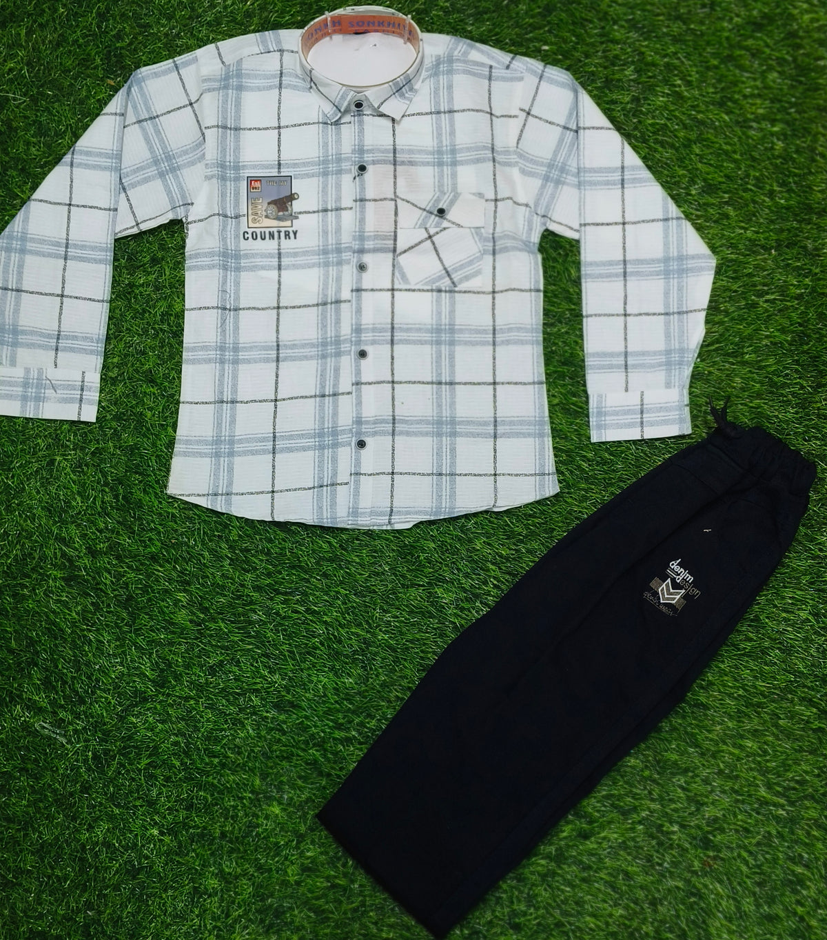 Boys White & Grey Checked Full Sleeve Shirt with Navy Blue Cargo Pant Set