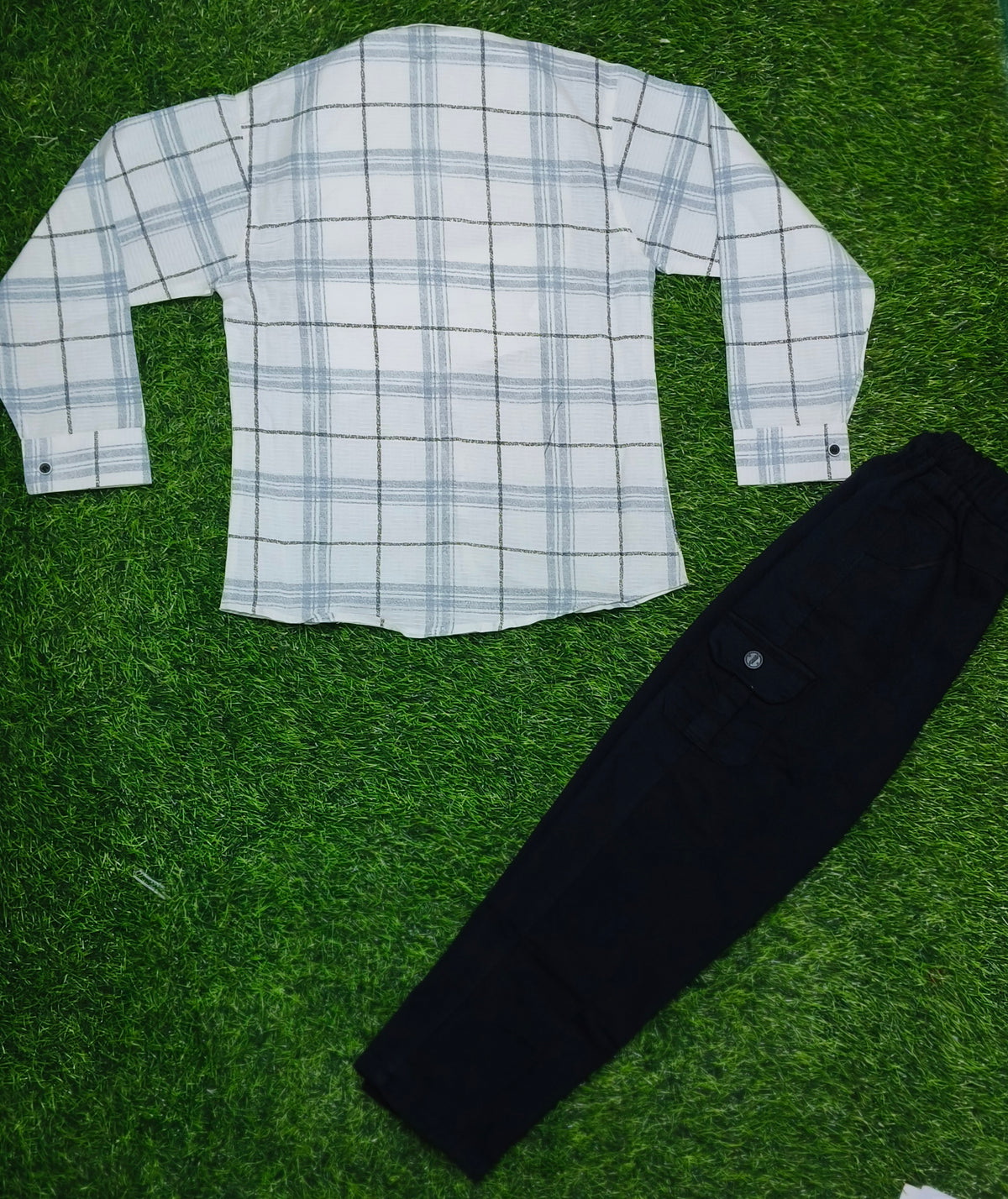 Boys White & Grey Checked Full Sleeve Shirt with Navy Blue Cargo Pant Set