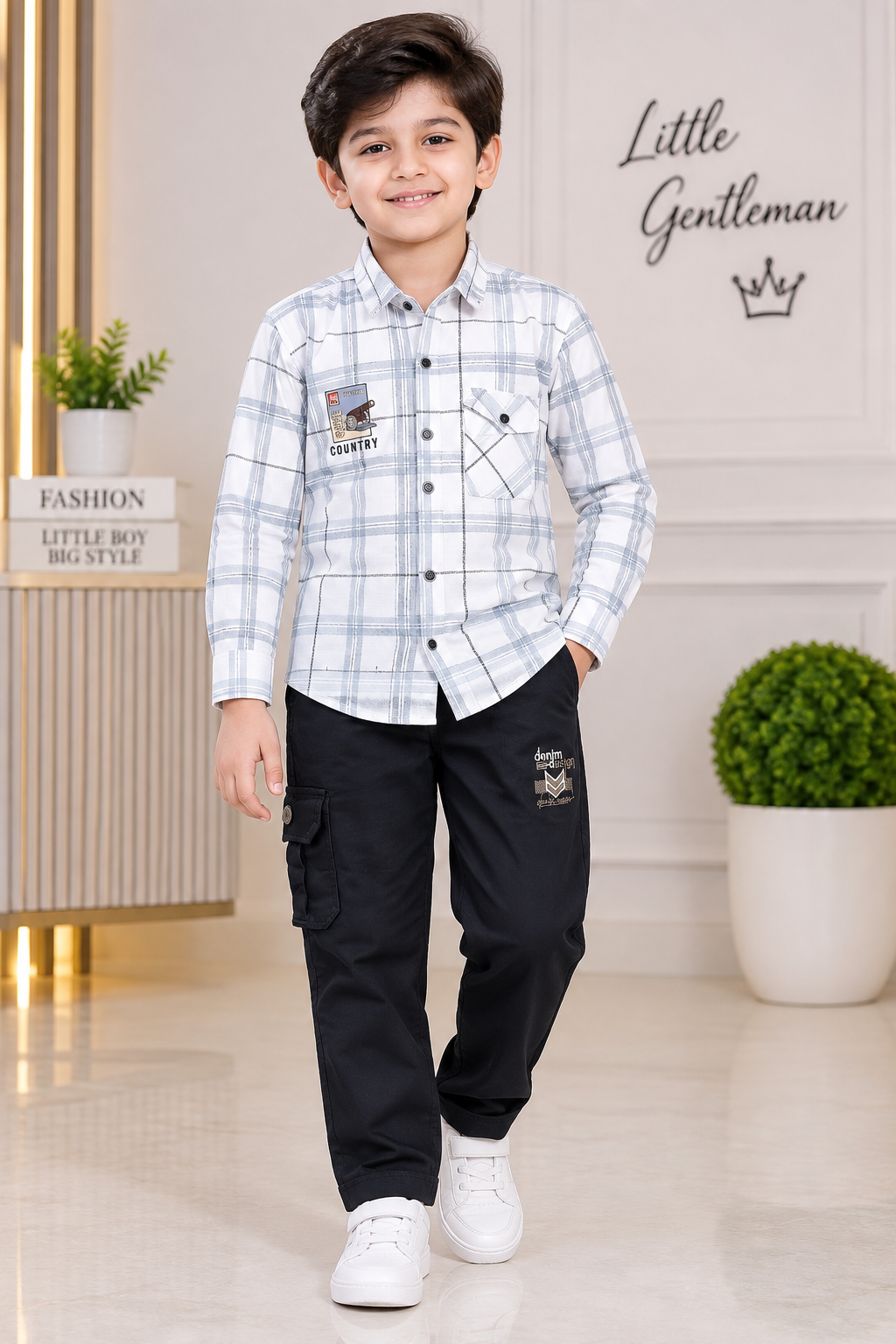 Boys White & Grey Checked Full Sleeve Shirt with Navy Blue Cargo Pant Set