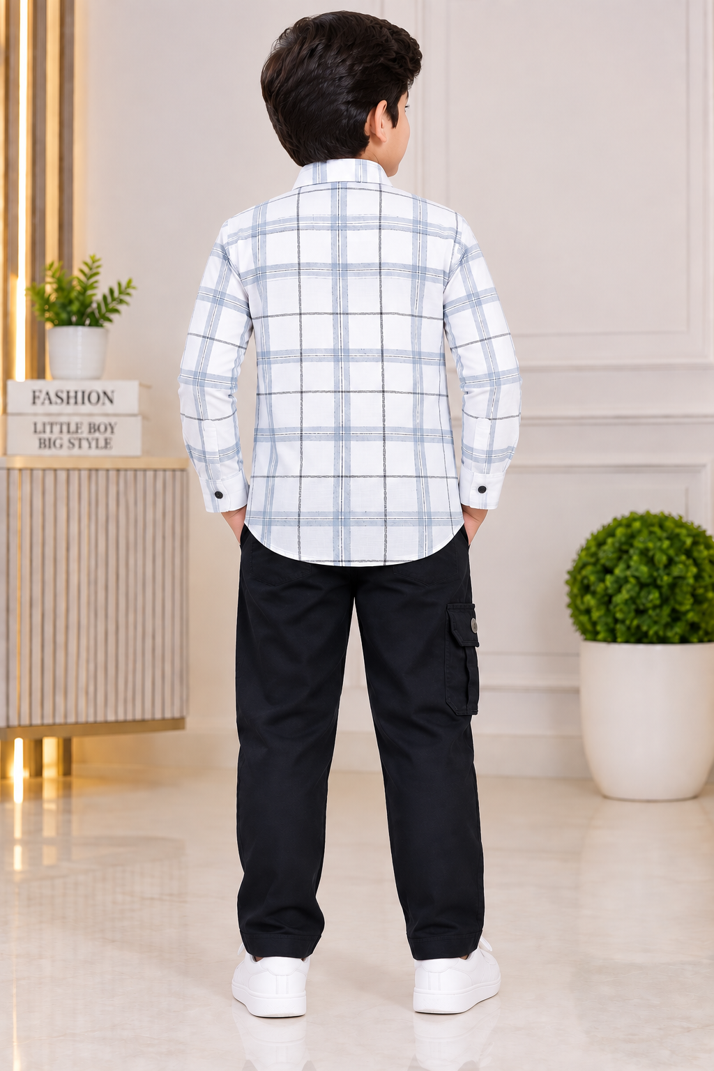 Boys White & Grey Checked Full Sleeve Shirt with Navy Blue Cargo Pant Set