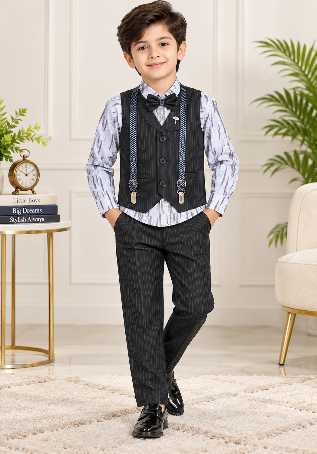 Boys Black Pinstripe Waistcoat Party Wear Set