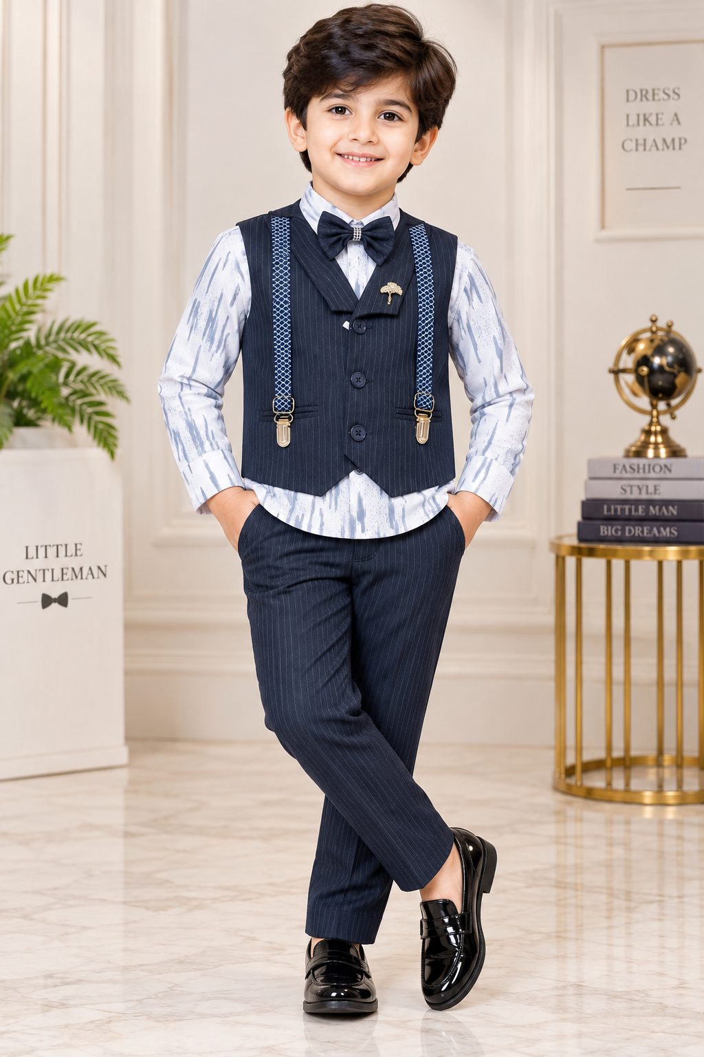Boys Navy Blue Pinstripe Waistcoat Party Wear Set
