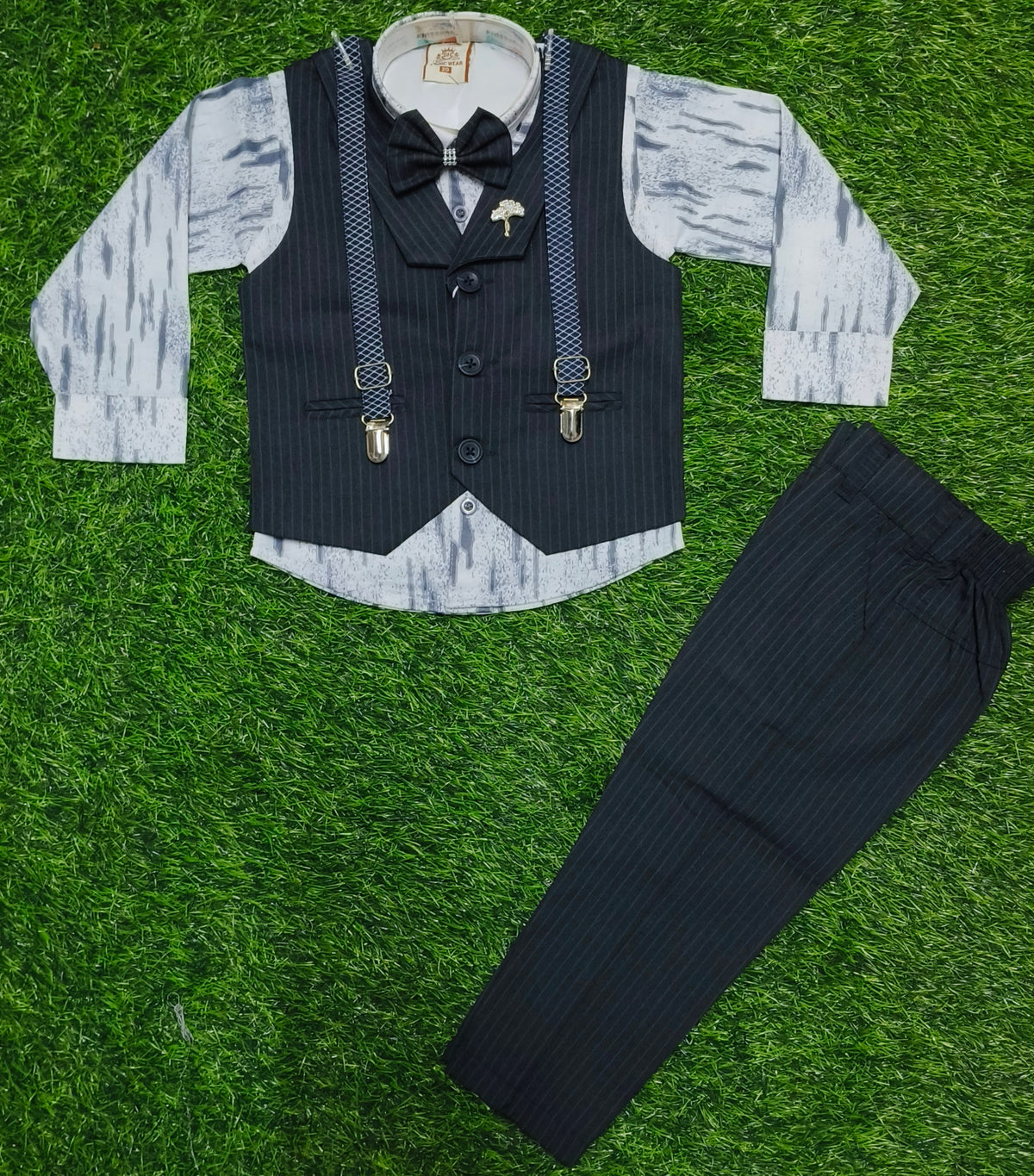Boys Dark Grey Pinstripe Waistcoat Party Wear Set